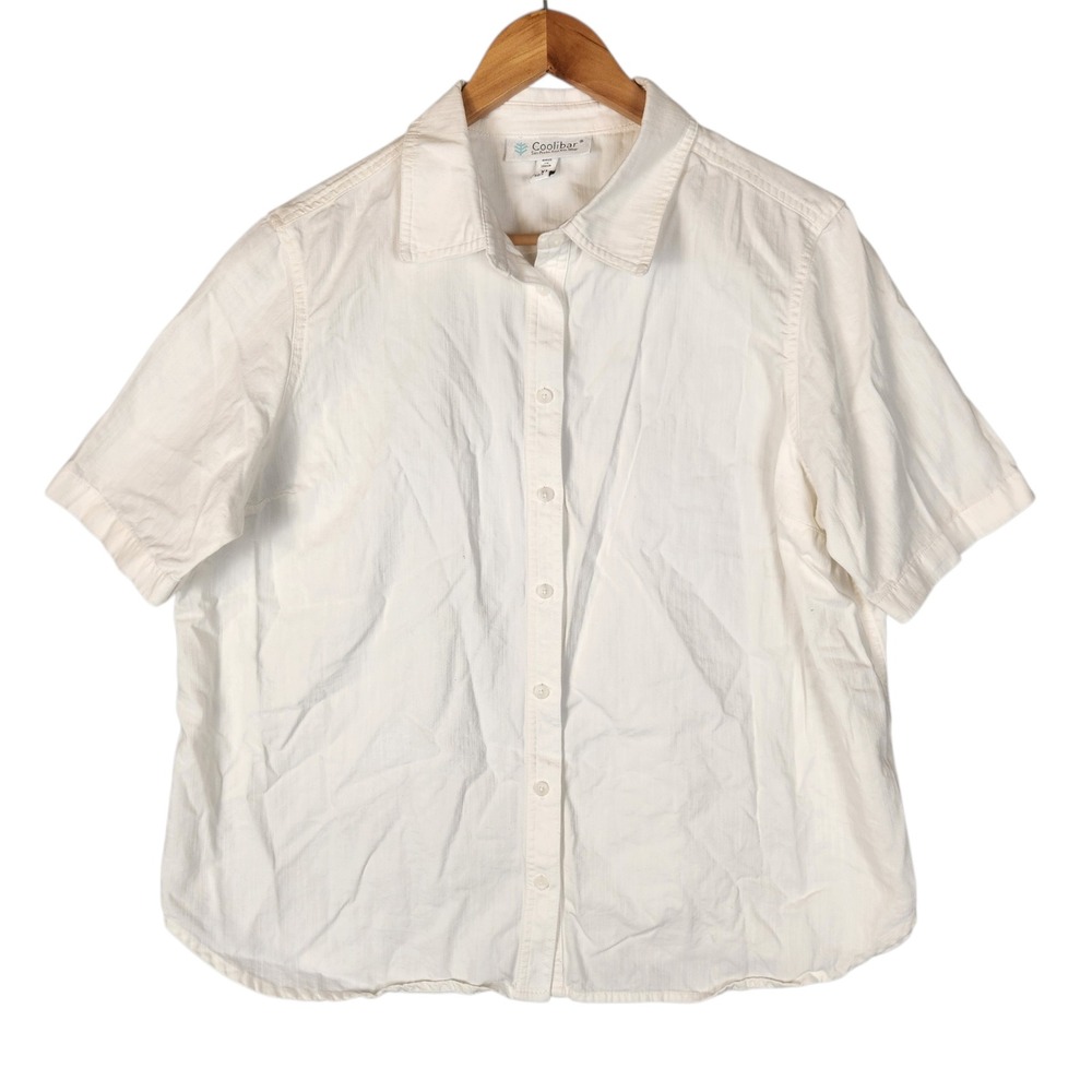 Coolibar Button Down Shirt Women's XL White Cotton Tencel UPF 50+ Short Sleeve